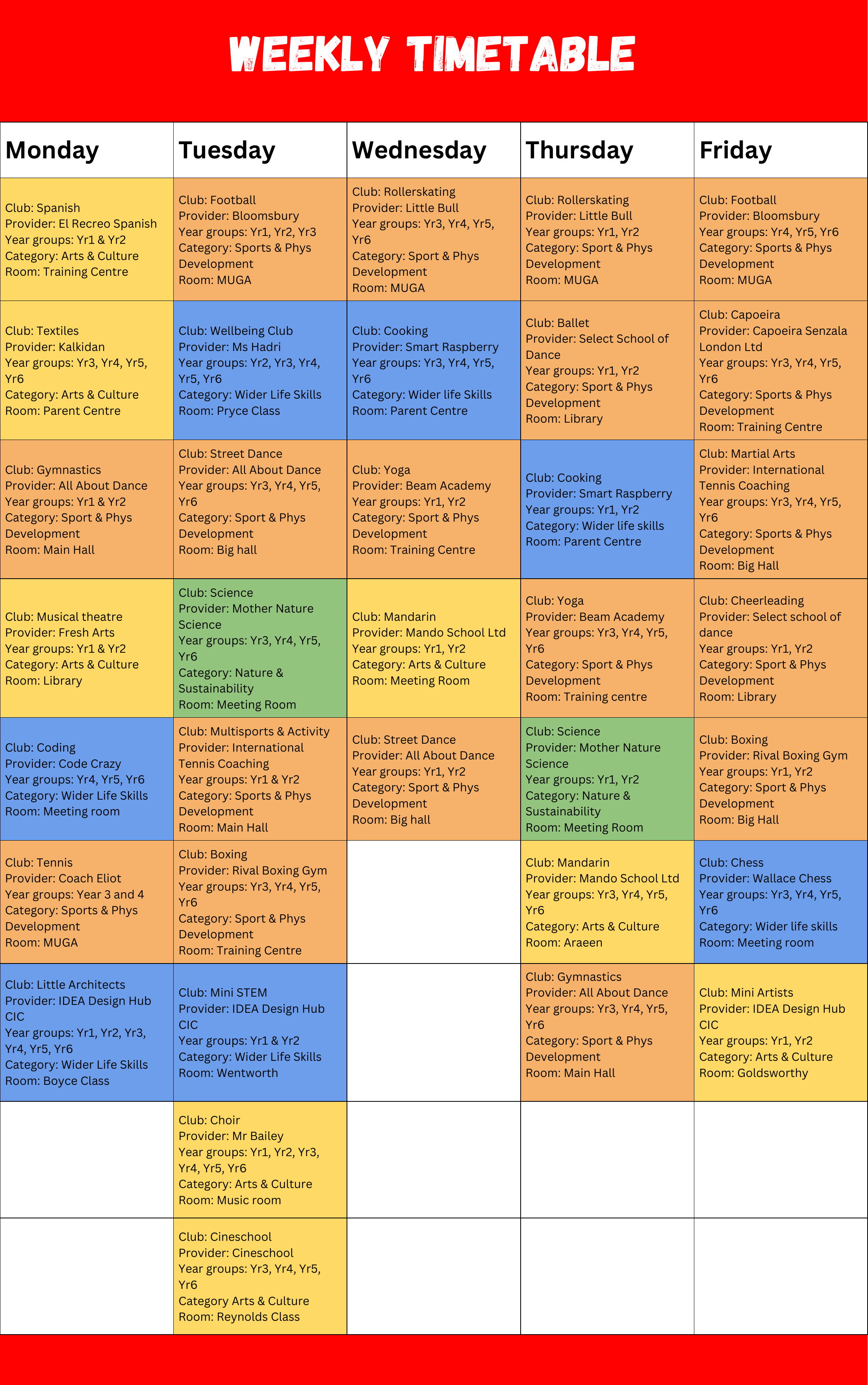King's Cross Academy Autumn 2026 weekly co-curricular clubs timetable