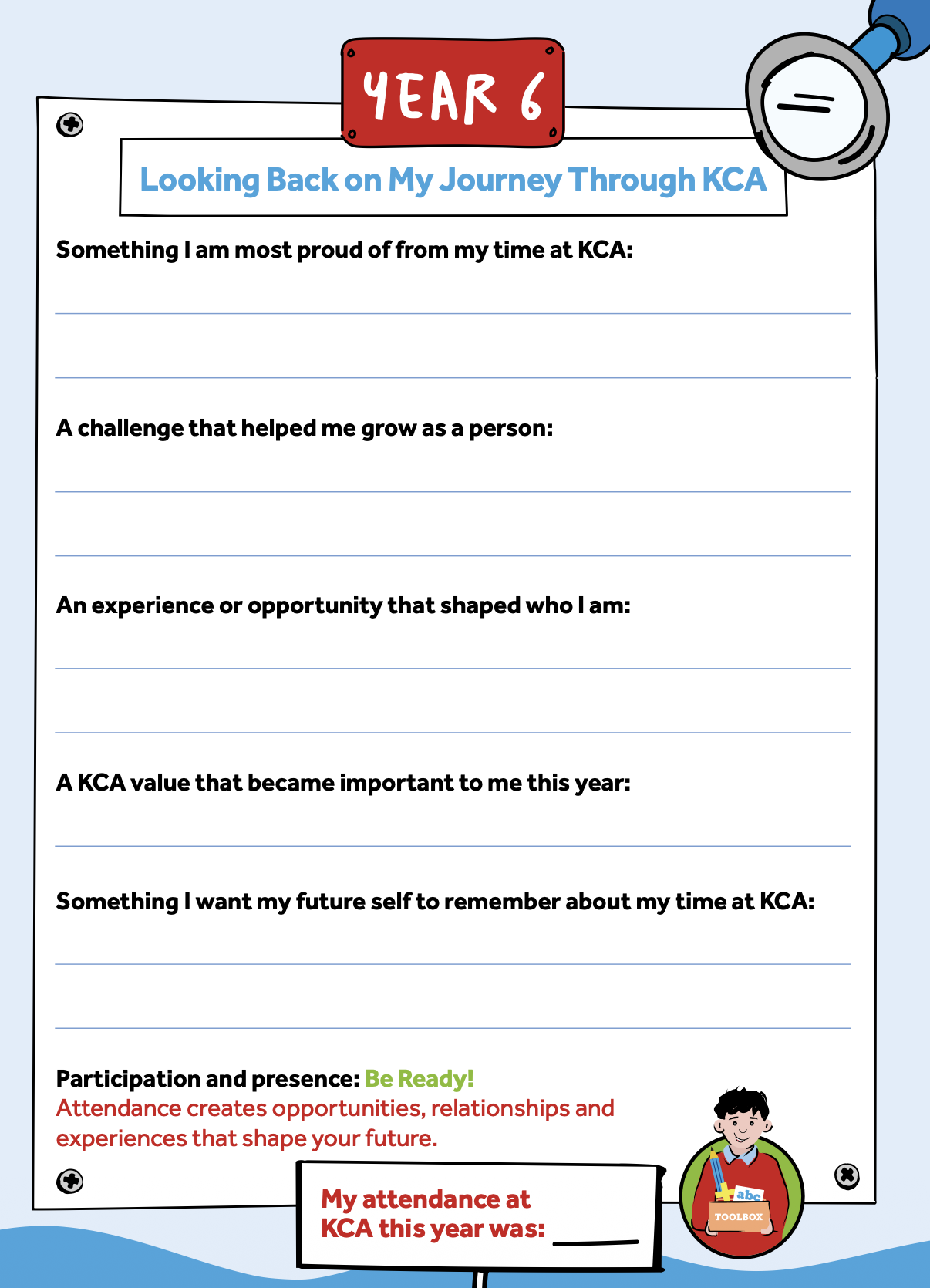 Year 6 journal page for looking back on the journey through KCA